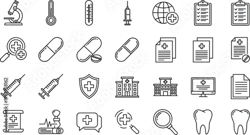 Healthcare medical line icons set hospital equipment pills syringe thermometer clipboard tooth vector outline collection
