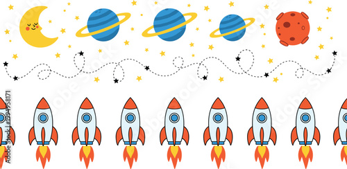 Vector illustration of playful space scene with moon, planets, stars, whimsical path, and rockets