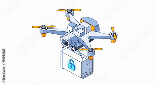 Isometric Delivery Drone Carrying Secure Package with Lock Icon, Modern Logistics and Data Privacy Technology Concept Vector Illustration