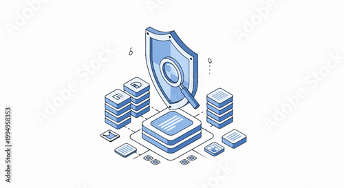 Isometric Data Security and Protection Illustration with Shield and Magnifying Glass for Cyber Security, Information Audit, and Cloud Storage Safety Concept