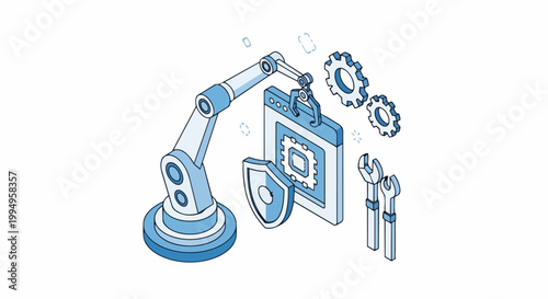 Isometric Robotic Arm Automation for Software Development and Cybersecurity, Featuring Gears, Shield, and Tools for Industrial IoT and DevOps Concepts