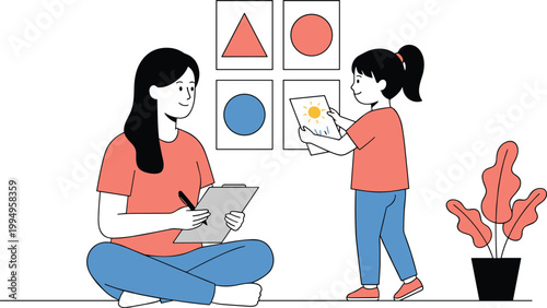 Vector illustration of adult teaching child with drawing, shapes, and creative learning session