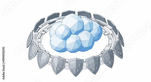 Secure Cloud Computing Concept with Defensive Shields and Tech Ring for Cybersecurity Protection