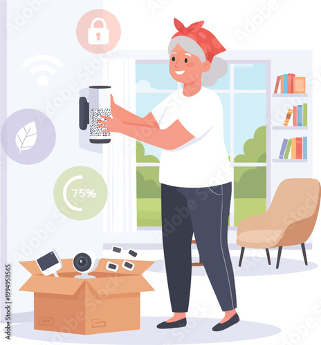 Smart home automation, senior woman installing security camera, wireless technology, home security system