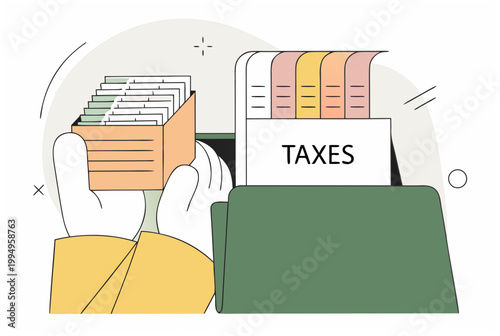 Hand holding box with receipt document and file folder taxes. Financial paperwork organization and tax season concept for website or app. Vector illustration