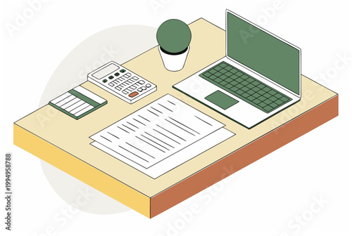 Office desk with calculator, laptop, financial document, and plant. Tax season, accounting, and paperwork concept. Modern vector isometric illustration
