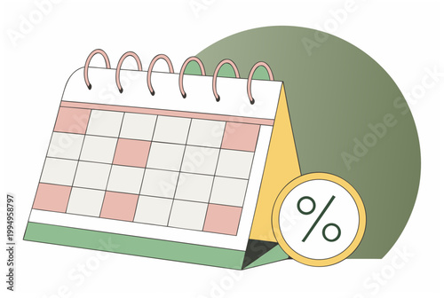 Calendar with a percent icon symbol. Tax season and financial paperwork concept for website or presentation. Vector illustration