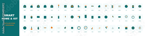 Smart home and IoT icon set, 54 flat line icons for home automation, internet of things technology symbols, teal and orange vector graphics