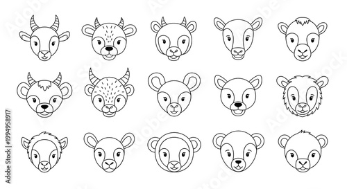 Collection of Hand-Drawn Animal Faces in Sketch Style.