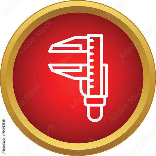 Caliper tool measuring dimensions with precision, depicted as a white icon on a red button