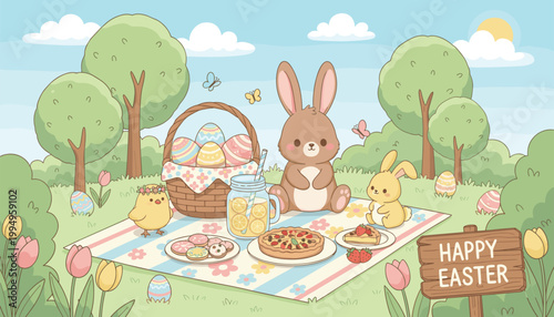 Vector illustration of cute Easter picnic scene with bunnies, eggs, chick, food, and festive spring background