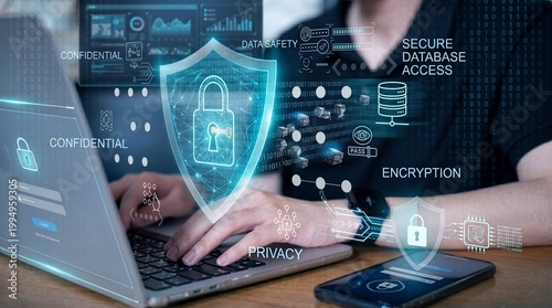 A person working on a laptop with a secure digital shield and encryption symbols overlayed on the screen