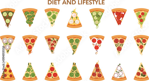 Pizza diet and lifestyle concept with assorted slices representing different eating styles in flat style for food infographic and nutrition design