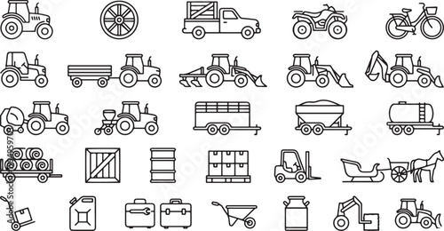 Agricultural transport machinery tractor trailer forklift farm vehicle equipment logistics farming transportation outline vector icon set rural mobility collection