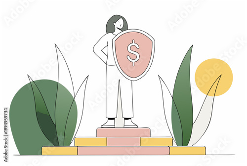 Woman holding dollar shield standing on steps, concept of women financial independence, security, safety, fund, growth. Vector illustration