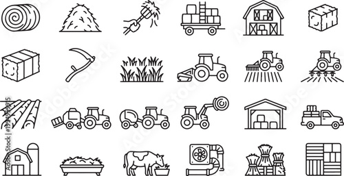 Comprehensive collection of hay harvesting and forage production line icons featuring tractors balers barn storage livestock feeding and agricultural machinery for efficient ranching,