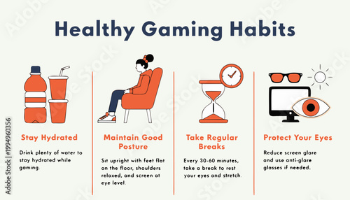 Infographic showing healthy gaming habits including hydration posture regular breaks and eye protection with simple icons on light background
