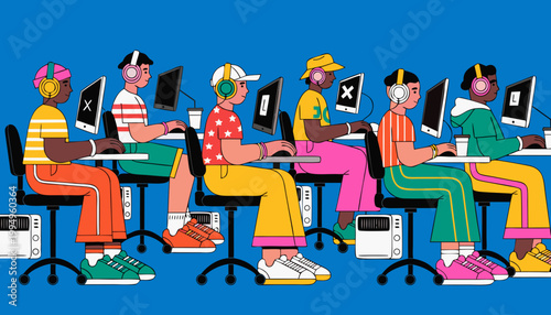 Illustration of gamers sitting in row using computers with headsets showing healthy gaming lifestyle and ergonomics on blue background