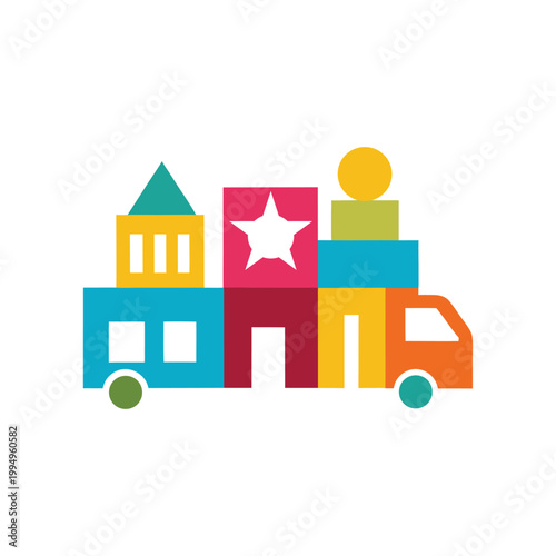 Colorful building blocks stacked on a toy truck, flat geometric