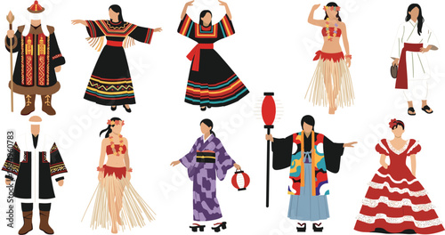 Collection of Diverse Traditional Costumes from Various Cultures, Including Asian, Hispanic, and Native Attire, Perfect for Cultural Illustrations and Designs.