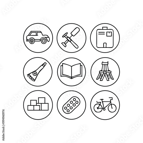 Collection of nine black and white line in circles: car, tools, suitcase, rocket, book, ladder, blocks