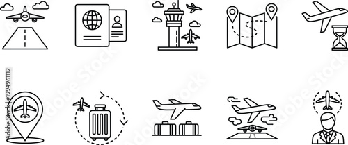 Comprehensive set of black linear airport and aviation icons featuring airplane takeoff passport control tower map navigation luggage and pilot symbols for travel design.