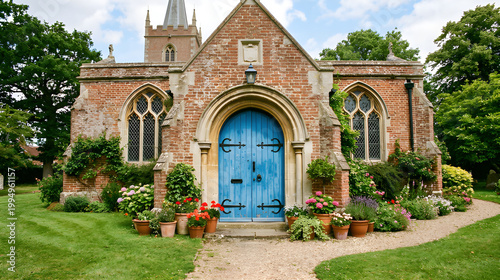 A charming brick chapel with a bright blue arched door is surrounded by lush gardens colorful flowers and green trees creating a peaceful inviting countryside setting