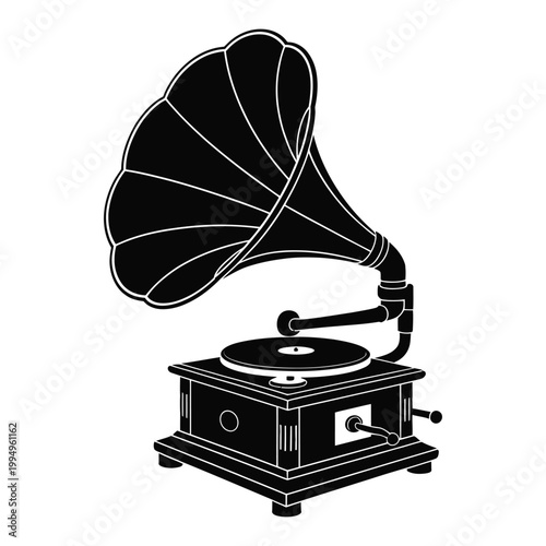 A striking black and white illustration of a vintage gramophone presented as a silhouette