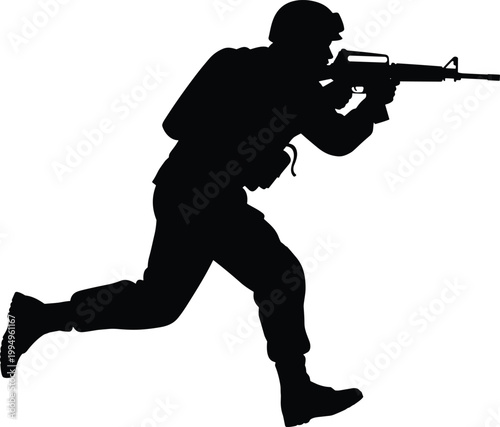 Silhouette of soldier running with rifle, military combat action concept, army operation, defense and security forces isolated on white background for tactical warfare design
