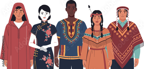 Diverse Cultural Clothing Set Featuring Traditional Attire from Different Regions, Celebrating Global Heritage and Fashion.