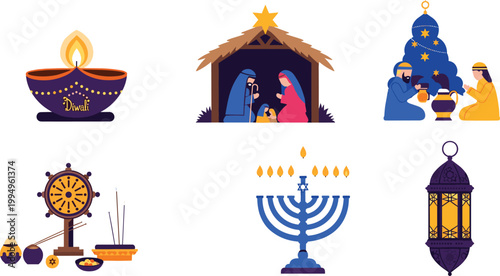 Diverse flat vector illustration set of global religious festival symbols including Diwali lamp Christmas nativity Hanukkah menorah Ramadan lantern and Buddhist dharma wheel