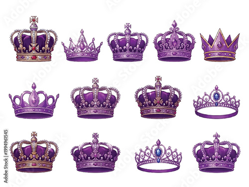 Collection of various purple crowns with gold and jewel details on white background  royal headpieces