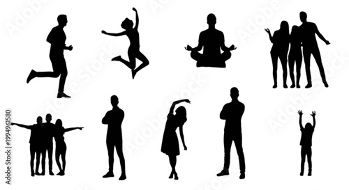 Black silhouettes of people in various yoga and dance poses