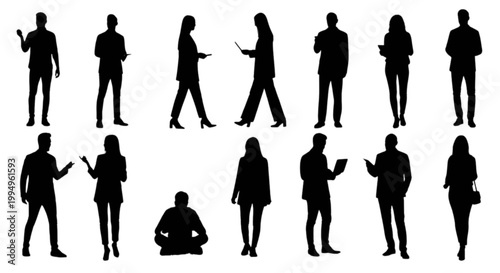 Collection of black silhouettes of people in various poses