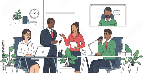 Professional business team working in modern office environment with digital tablet laptop and video conference call for remote collaboration and corporate communication vector illustration