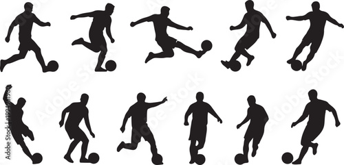 Collection of diverse soccer player silhouettes in action, kicking and dribbling the ball, representing sports and team activities.