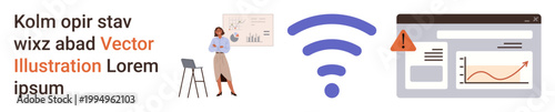 Wireless communication, business analysis, cybersecurity, data protection, internet connectivity, warnings. Business professional presenting data with a chart and wireless symbol. Wireless