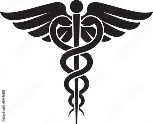 Iconic black silhouette of the Caduceus symbol, featuring a staff entwined by two snakes and wings, representing medicine and commerce.