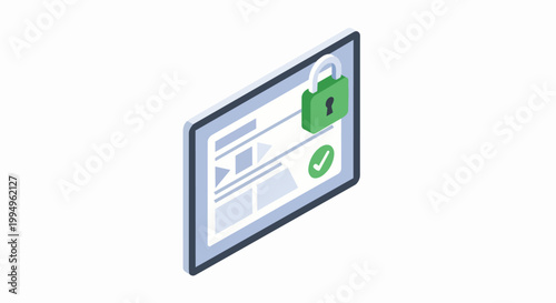 Isometric 3D Icon of Secure Digital Tablet with Green Padlock and Checkmark for Cybersecurity and Data Privacy Concepts