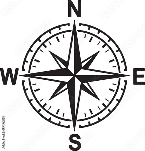 Stylized black silhouette of a compass rose with cardinal directions N, S, E, W, indicating navigation, direction, and exploration for travel and adventure.