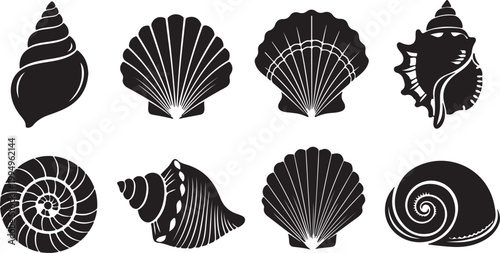 Assortment of eight black silhouettes of various seashells and conch shells, showcasing different shapes and patterns, ideal for marine or beach themes.