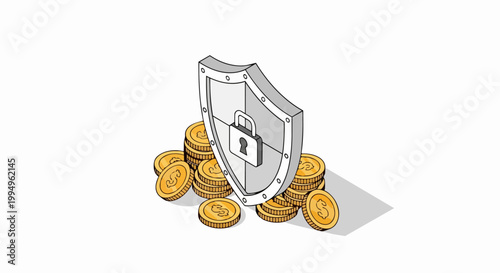 Financial Security and Wealth Protection Concept: Isometric Illustration of a Security Shield with Lock and Stacks of Gold Dollar Coins