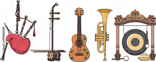 Set of diverse musical instruments including Scottish bagpipes Chinese erhu ukulele brass trumpet and Indonesian gamelan gong for cultural music and global tradition projects.