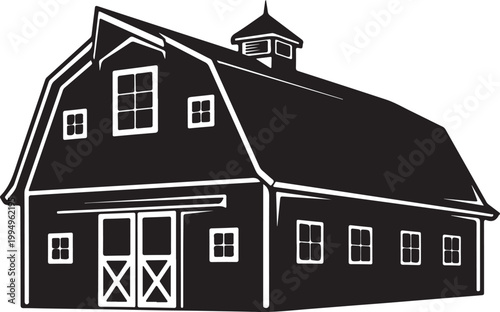 A classic American barn, depicted as a bold black silhouette with white window and door details, isolated on a white background.