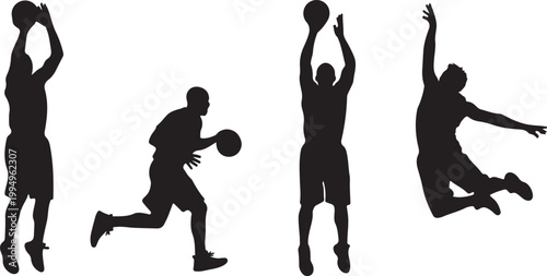 Silhouettes of four basketball players in action: shooting, dribbling, jumping, and running, isolated on a white background, representing sports and teamwork.