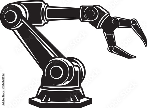 Black silhouette of a robotic arm with a gripper, symbolizing automation, industry, and advanced technology in manufacturing and production processes.