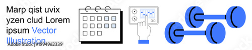Fitness, health tracking, workout planning, digital interaction, goal setting, schedules. A calendar, a touchscreen interface and blue dumbbells displayed. Fitness and health tracking