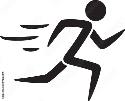 Stylized black silhouette icon of a person running with motion lines, isolated on a white background, symbolizing speed, fitness, and movement.