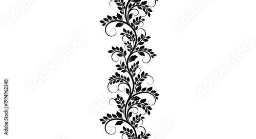 Elegant classic ornamental vertical border with intricate floral and leaf motifs in black, isolated white background.