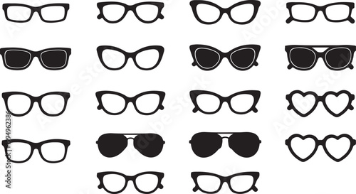Collection of black silhouette icons featuring various styles of eyeglasses and sunglasses, representing fashion, vision, and eyewear trends.